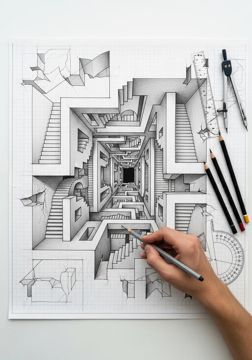 Fine line drawing of an impossible interior full of staircases in perspective