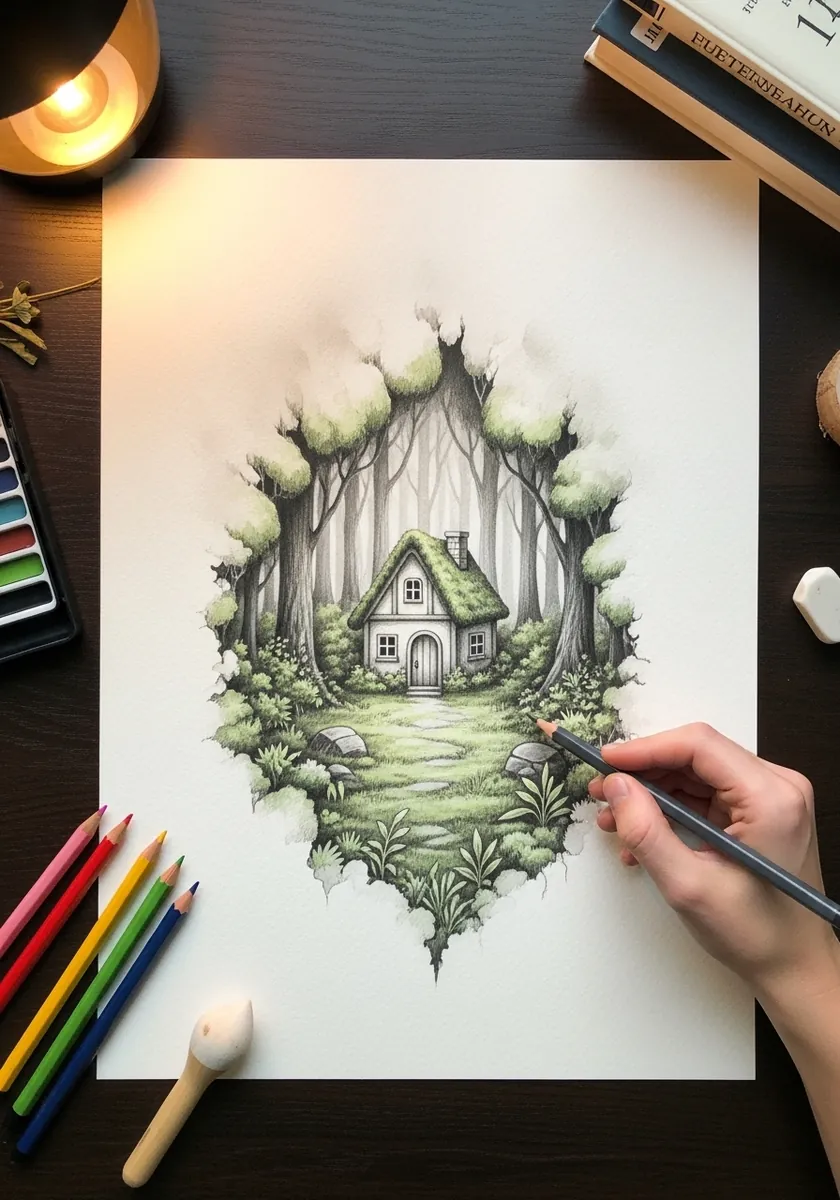 Colored pencil cottage in a forest seen through an oval opening in the paper