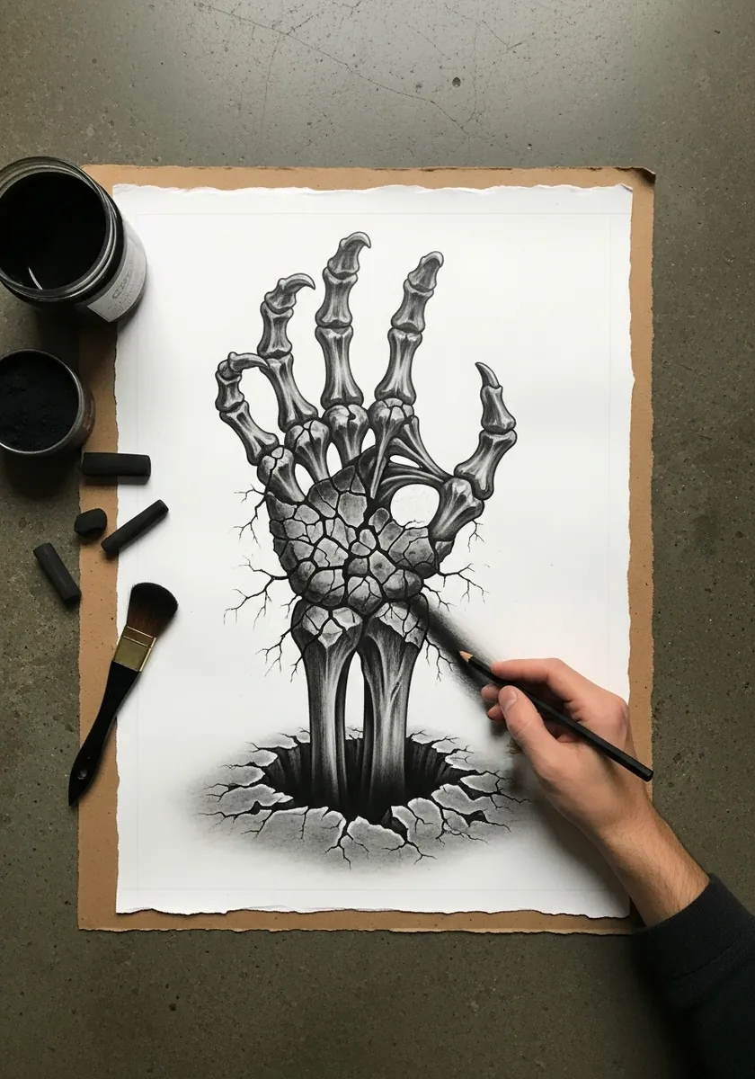 Charcoal skeletal hand rising out of a cracked crater in the paper