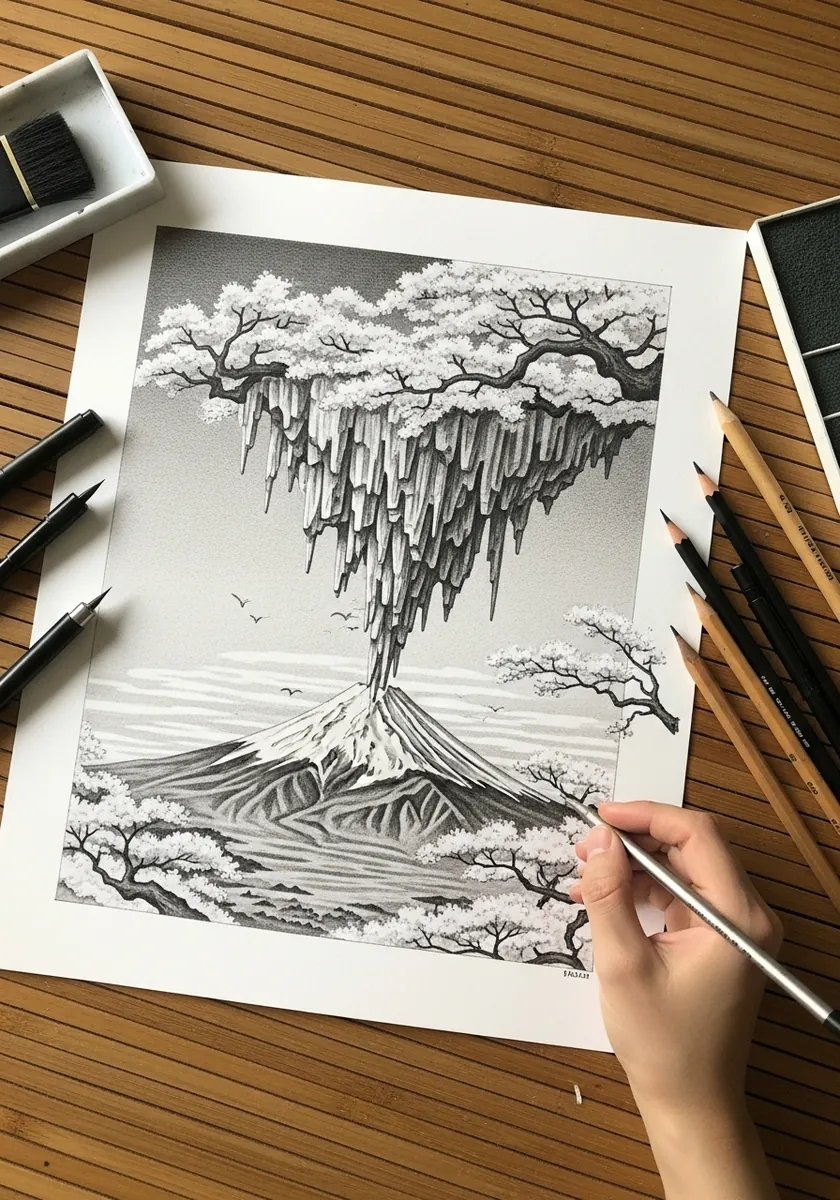 Ink drawing of an inverted mountain with cherry blossom trees hanging downward