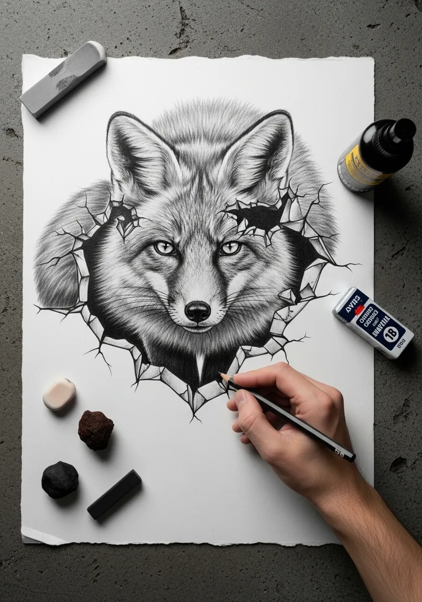 Detailed pencil fox face pushing through a cracked hole in torn paper