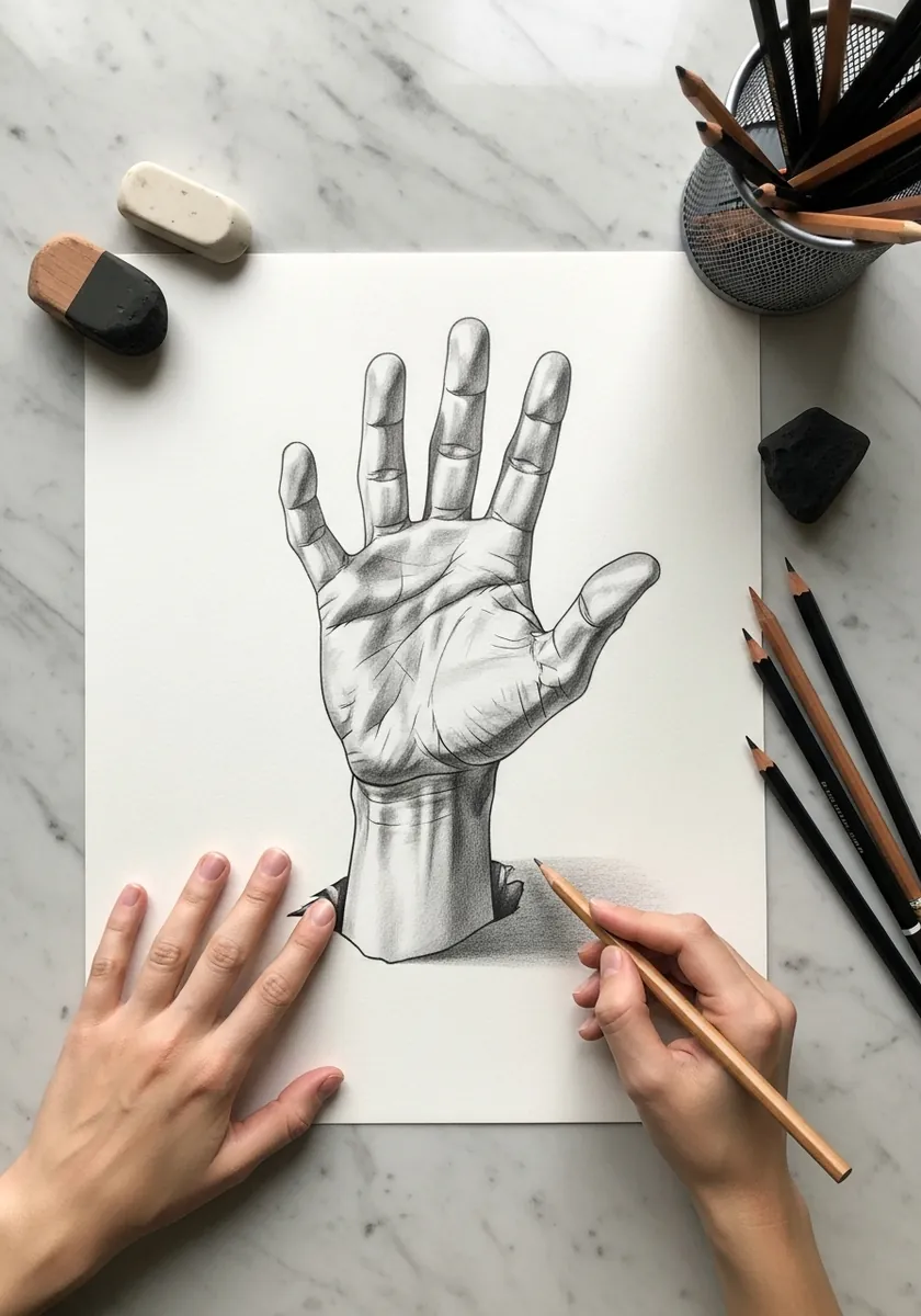 Graphite hand with spread fingers rising out of the paper on a marble surface