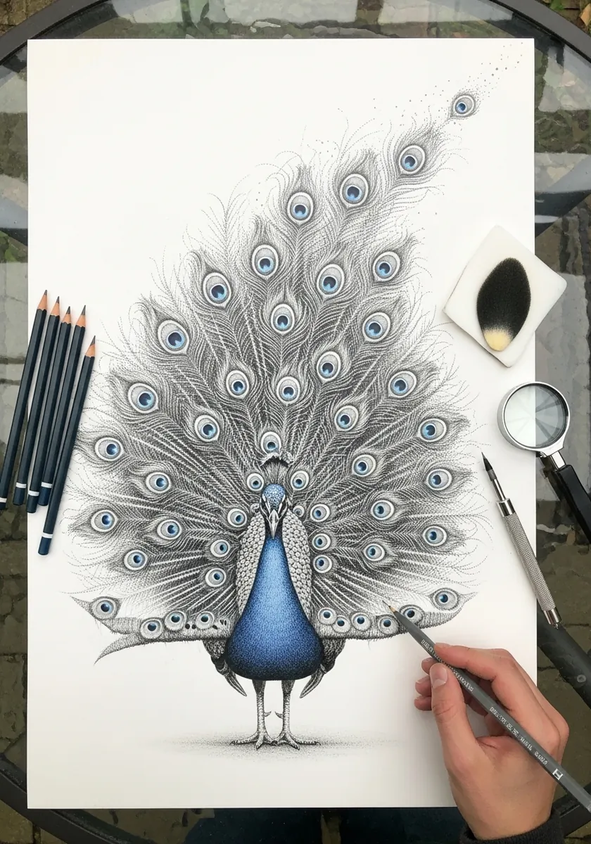 Fine pencil peacock with a fully fanned tail of detailed eye feathers