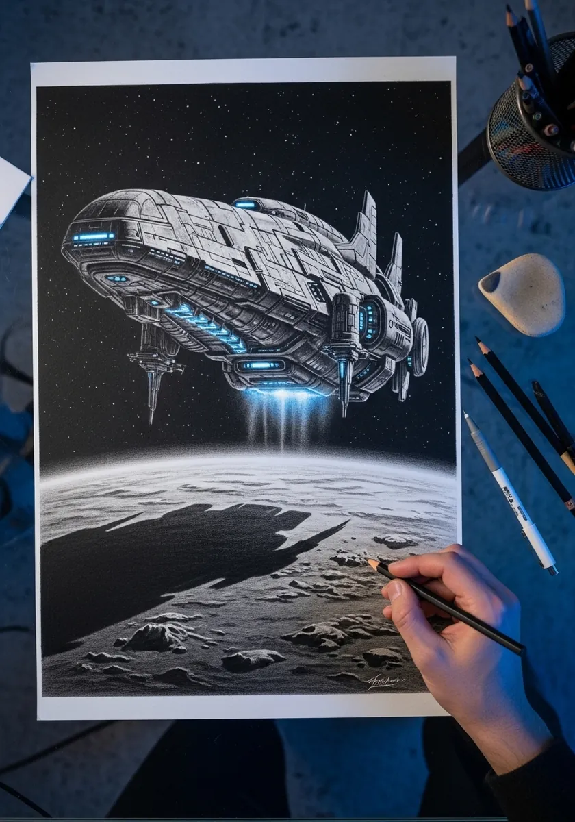 Pencil spaceship with glowing blue thrusters flying above a cratered moon