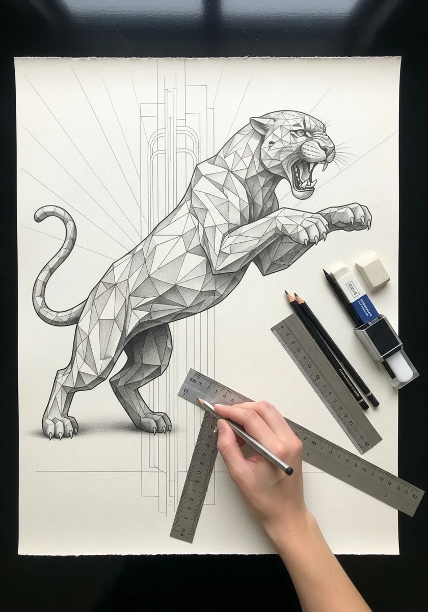 Low poly panther built from triangular facets drawn with a ruler
