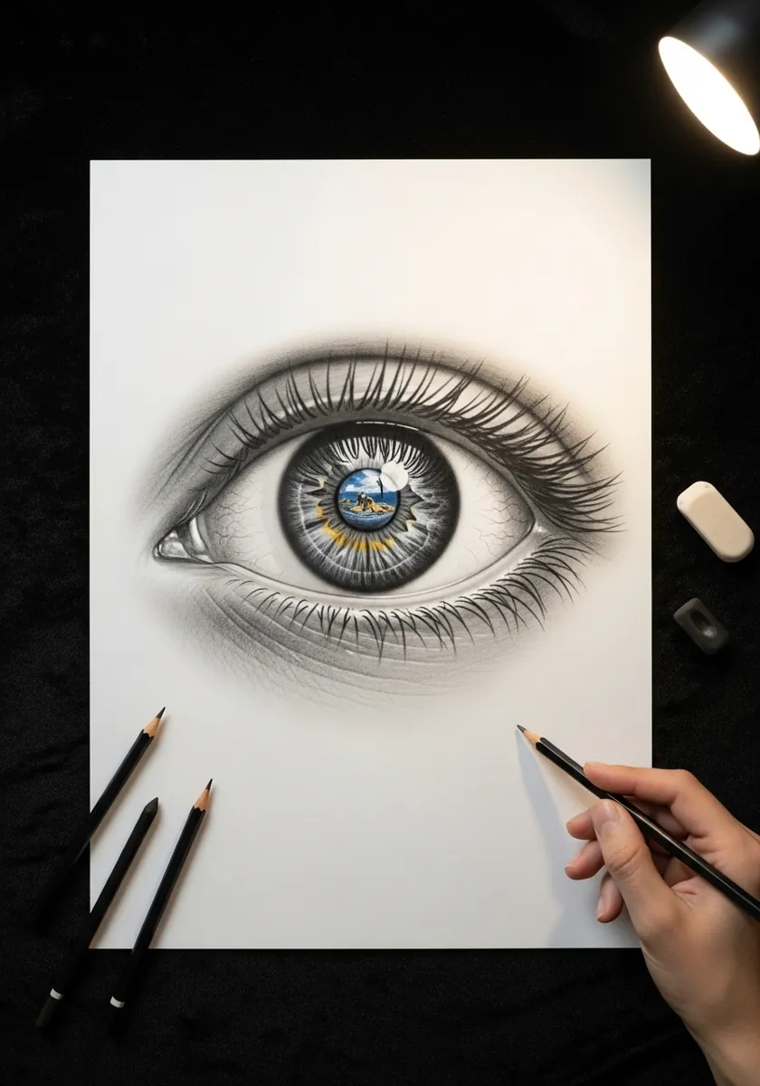 Realistic graphite eye with a small landscape reflected inside the blue iris