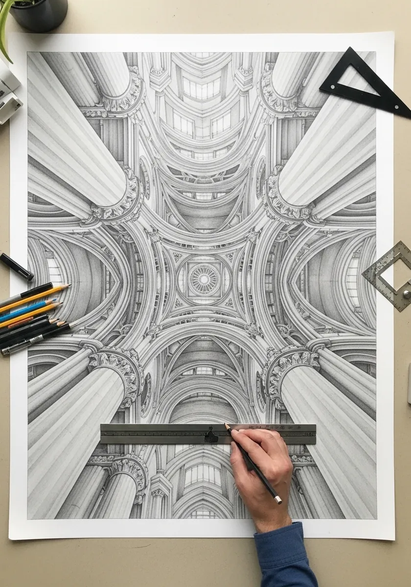 Detailed pencil drawing of an ornate cathedral ceiling seen from directly below