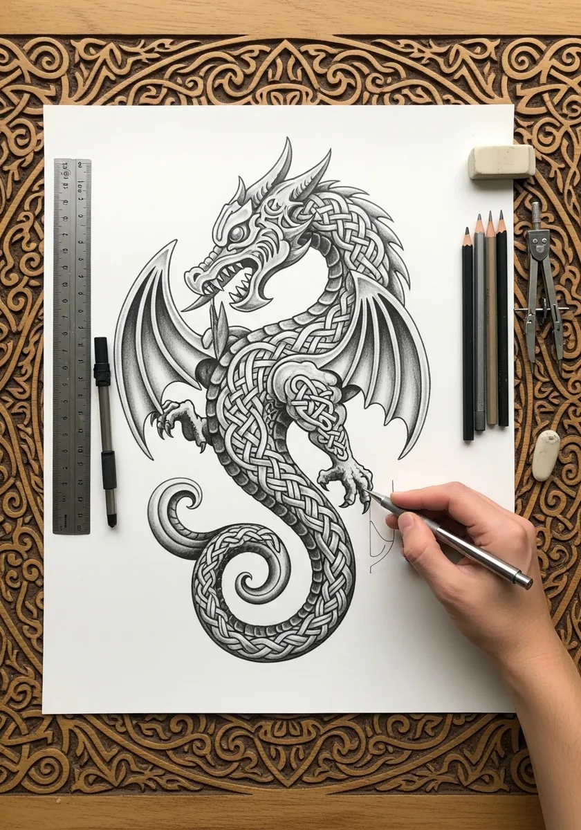 Pencil dragon body woven from interlocking Celtic knotwork patterns