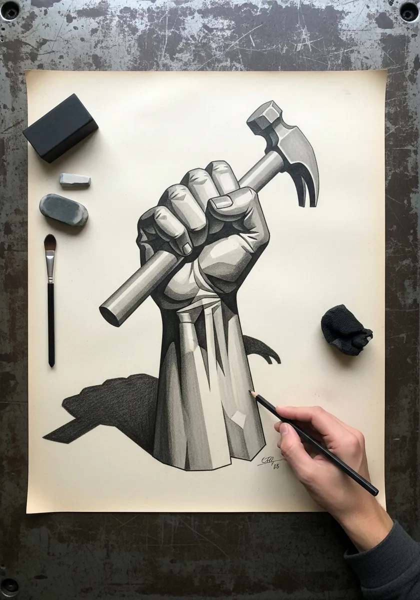Geometric faceted hand gripping a hammer with hard flat shading