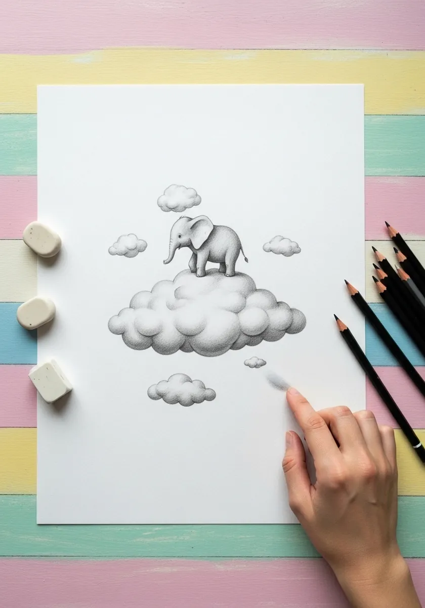 Soft pencil baby elephant standing on a fluffy cloud on pastel background