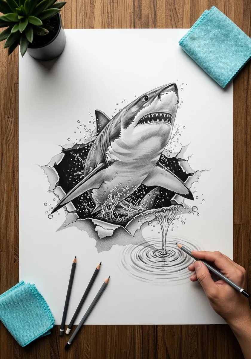 Pencil great white shark bursting through torn paper with water ripples