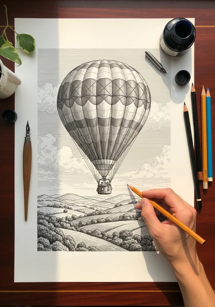 Fine ink hot air balloon floating above a hatched landscape of rolling hills