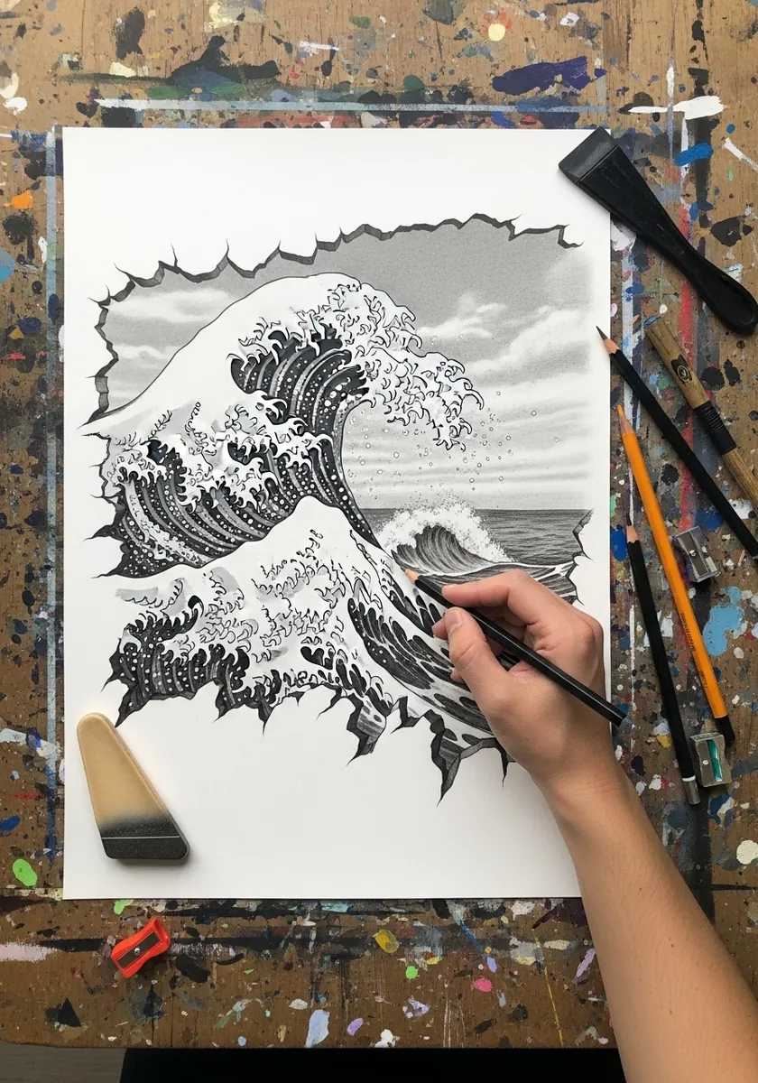 Ink drawing of a large ocean wave breaking out through a torn paper edge