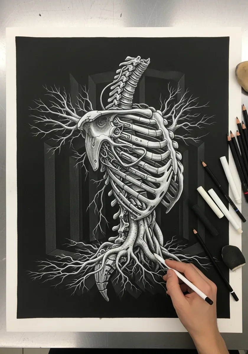 White pencil rib cage with roots growing through it drawn on black paper