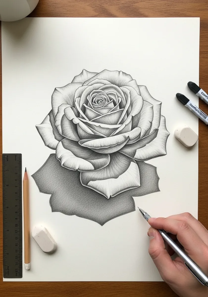 Detailed graphite rose with layered petals and a dark shadow beneath it