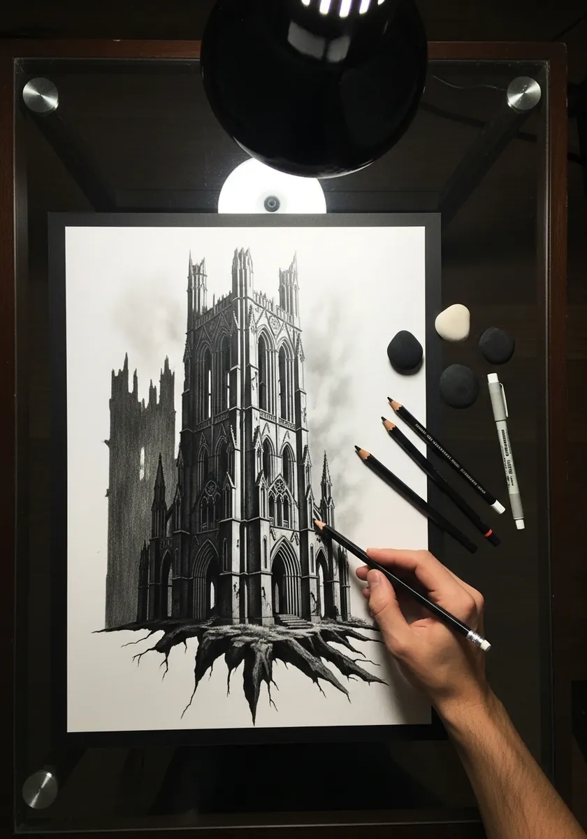Charcoal gothic cathedral tower rising out of a cracked hole in the paper