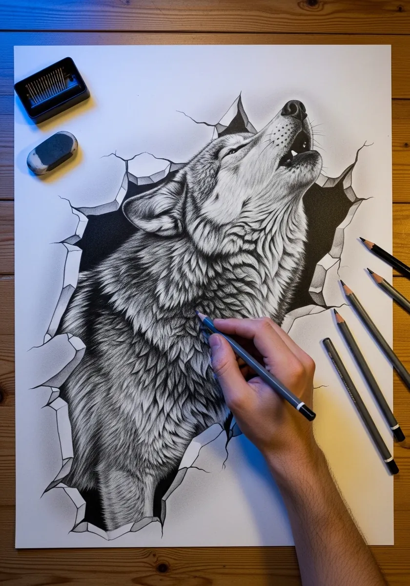 Pencil wolf howling upward through a jagged torn hole in the paper