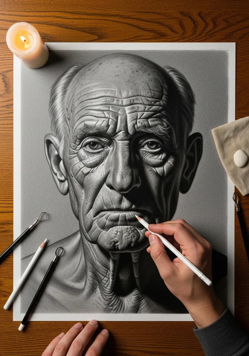 Detailed graphite portrait of an old man with deeply wrinkled skin