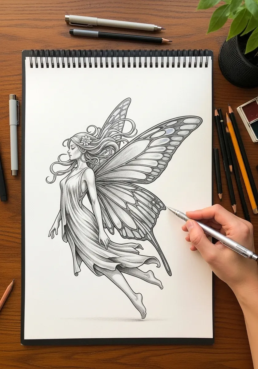 Fine line drawing of a fairy in a flowing dress with butterfly wings
