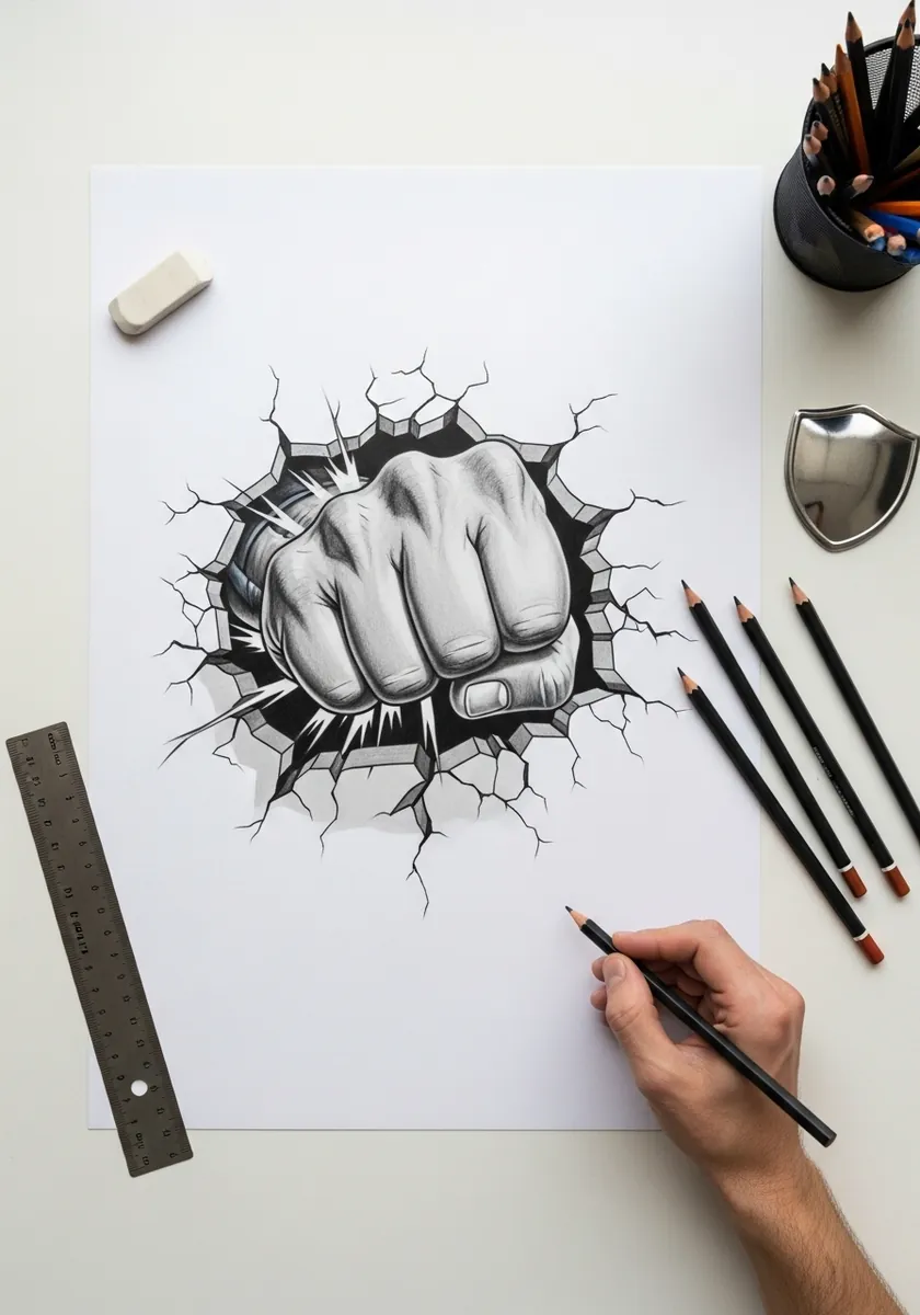 Pencil clenched fist punching out through a cracked hole in the paper