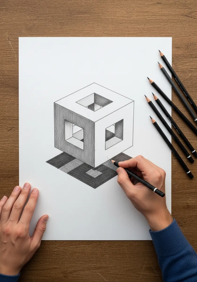 Pencil drawing of a cube with open square windows and a hard cast shadow