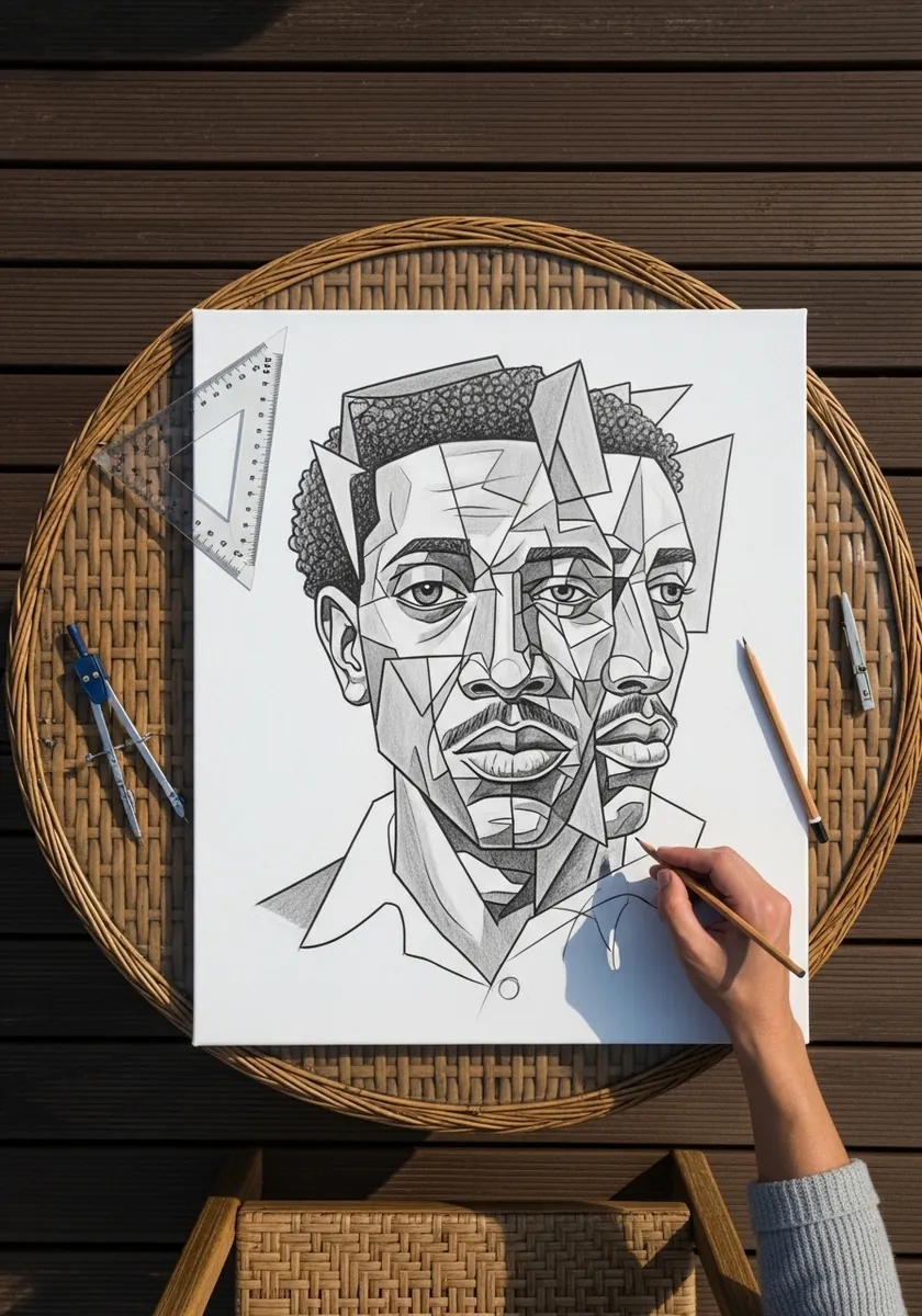 Line drawing of a man's face fractured into overlapping geometric shapes