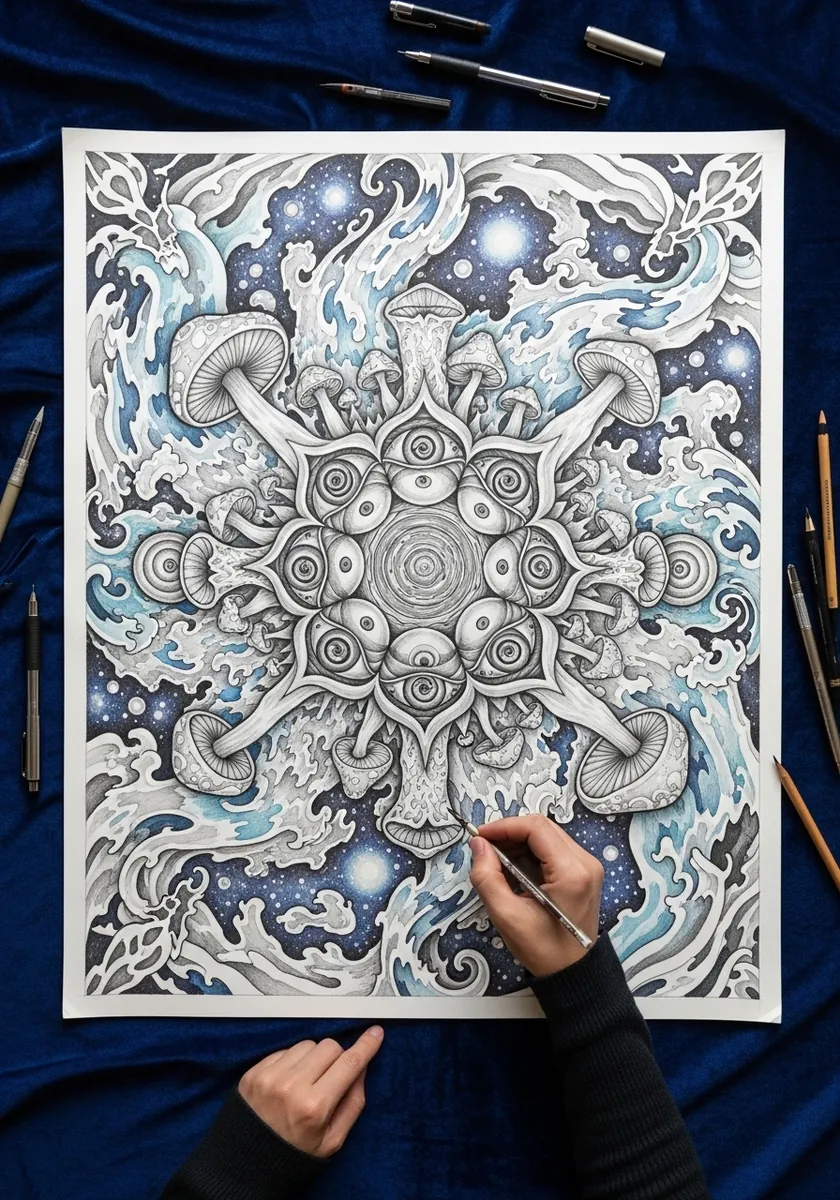 Highly detailed pencil mandala of mushrooms waves and eyes in blue and gray