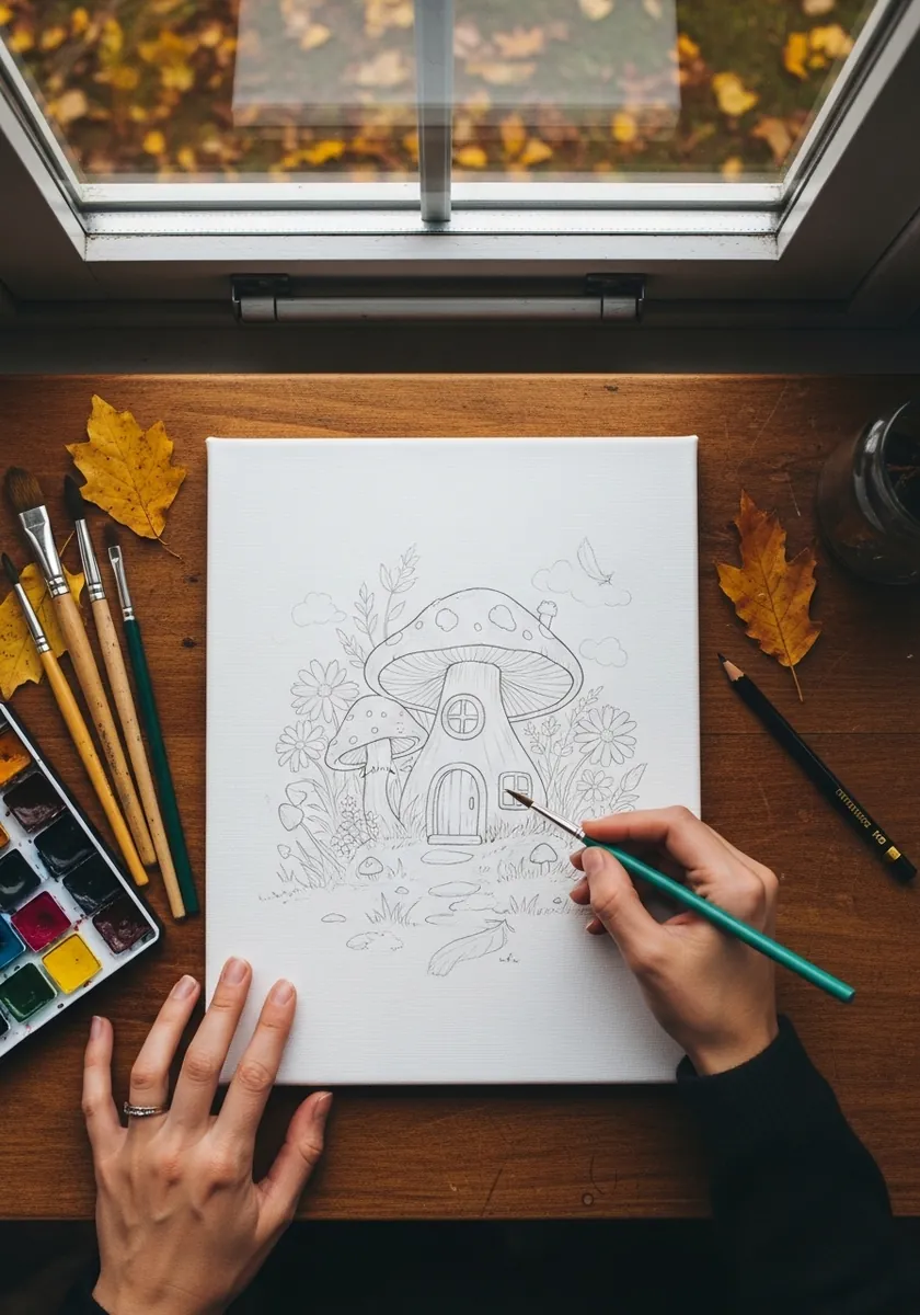 Light pencil sketch of a small cottage inside a mushroom with flowers