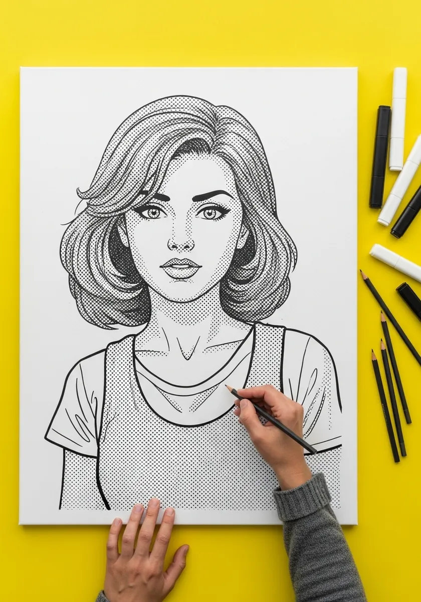 Comic style portrait of a woman shaded entirely with halftone dots