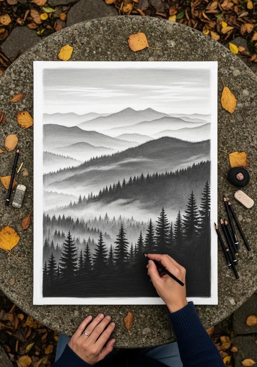 Graphite mountain range in receding layers of mist and pine forest