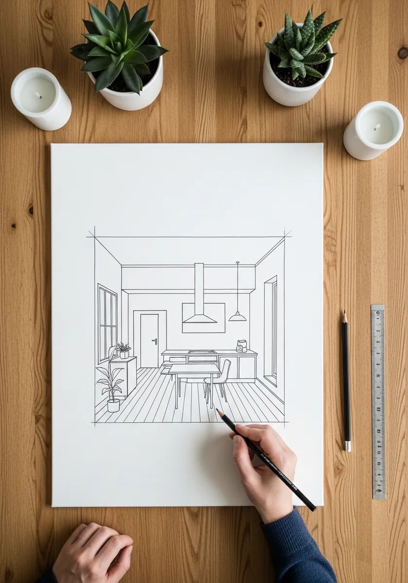 Fine line drawing of a room interior in one point perspective with furniture