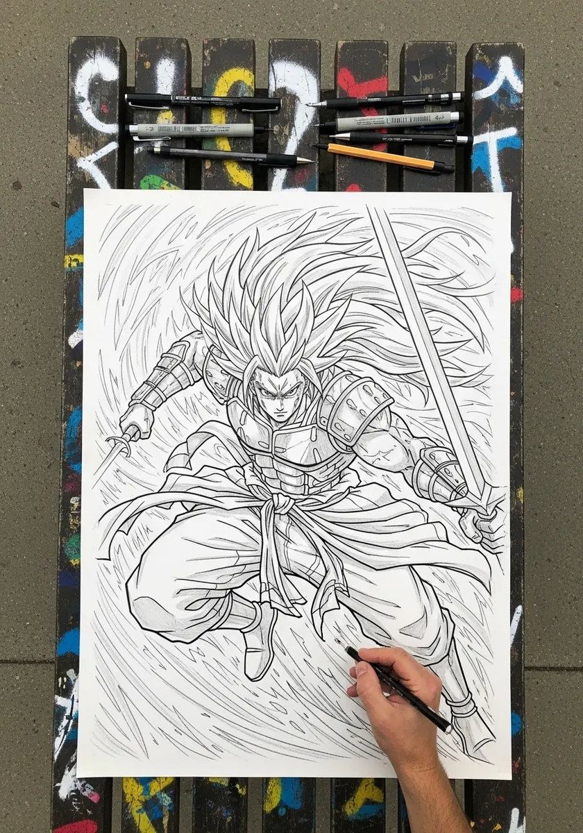 Ink line drawing of a samurai in mid swing surrounded by motion lines