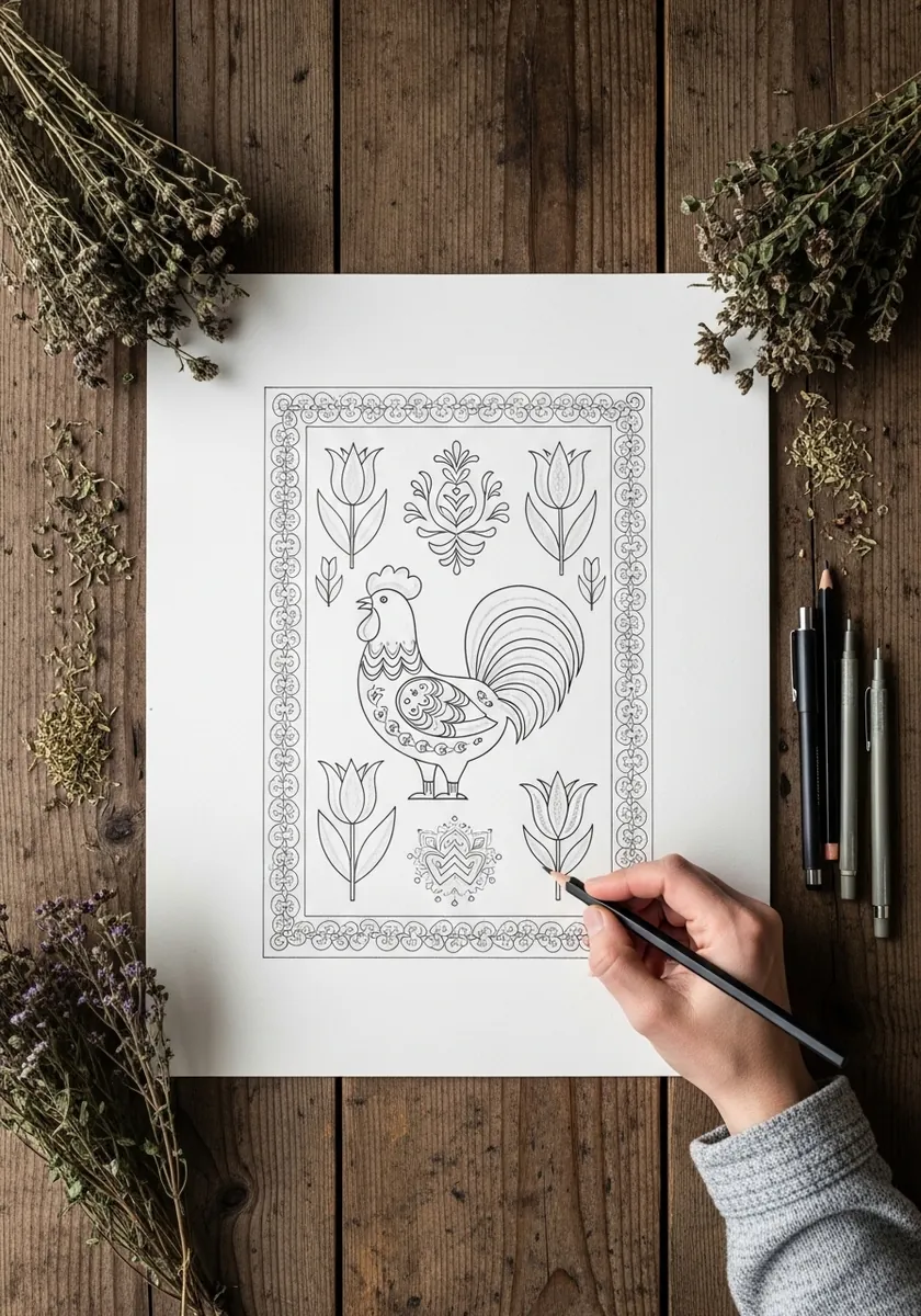 Fine line folk art rooster surrounded by tulips inside a decorative border