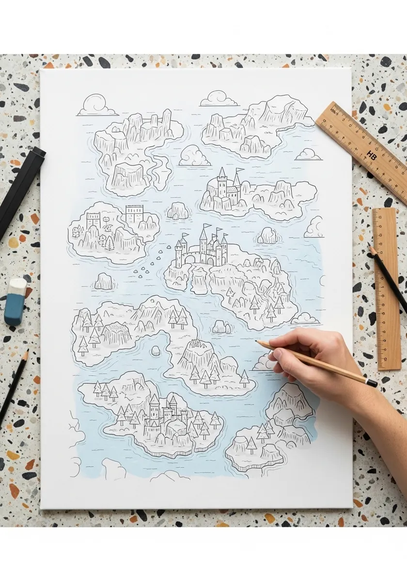 Fine line fantasy map of islands with castles mountains and a pale blue sea
