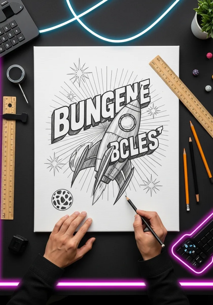 Pencil retro rocket with bold lettering and radiating starburst lines