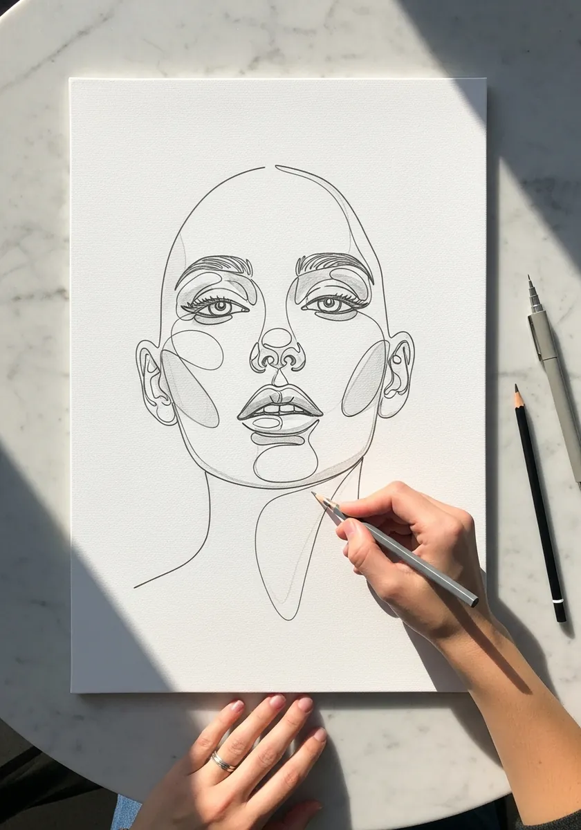 Minimal continuous line drawing of a woman's face on white paper
