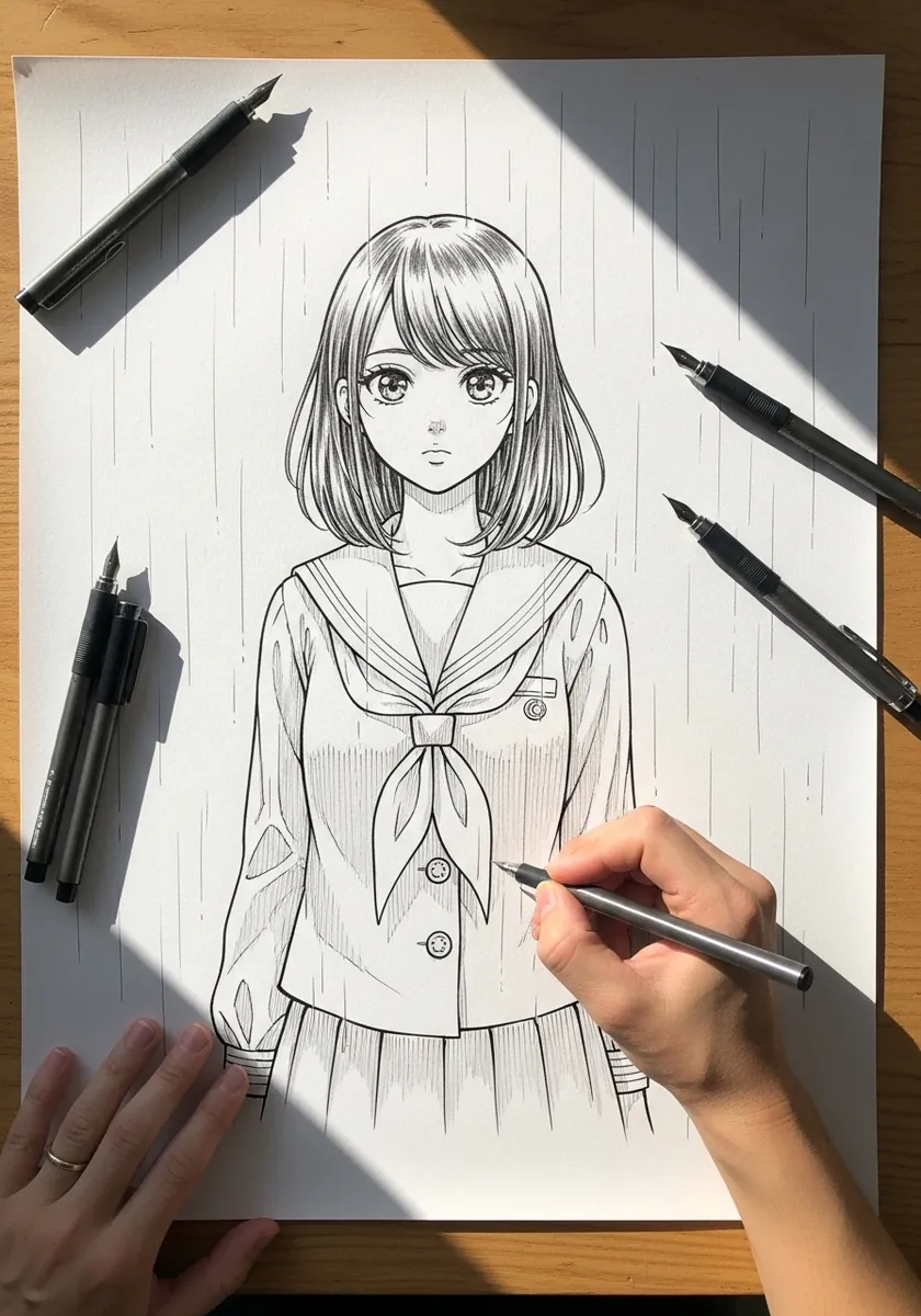 Ink drawing of an anime schoolgirl standing in fine vertical rain lines