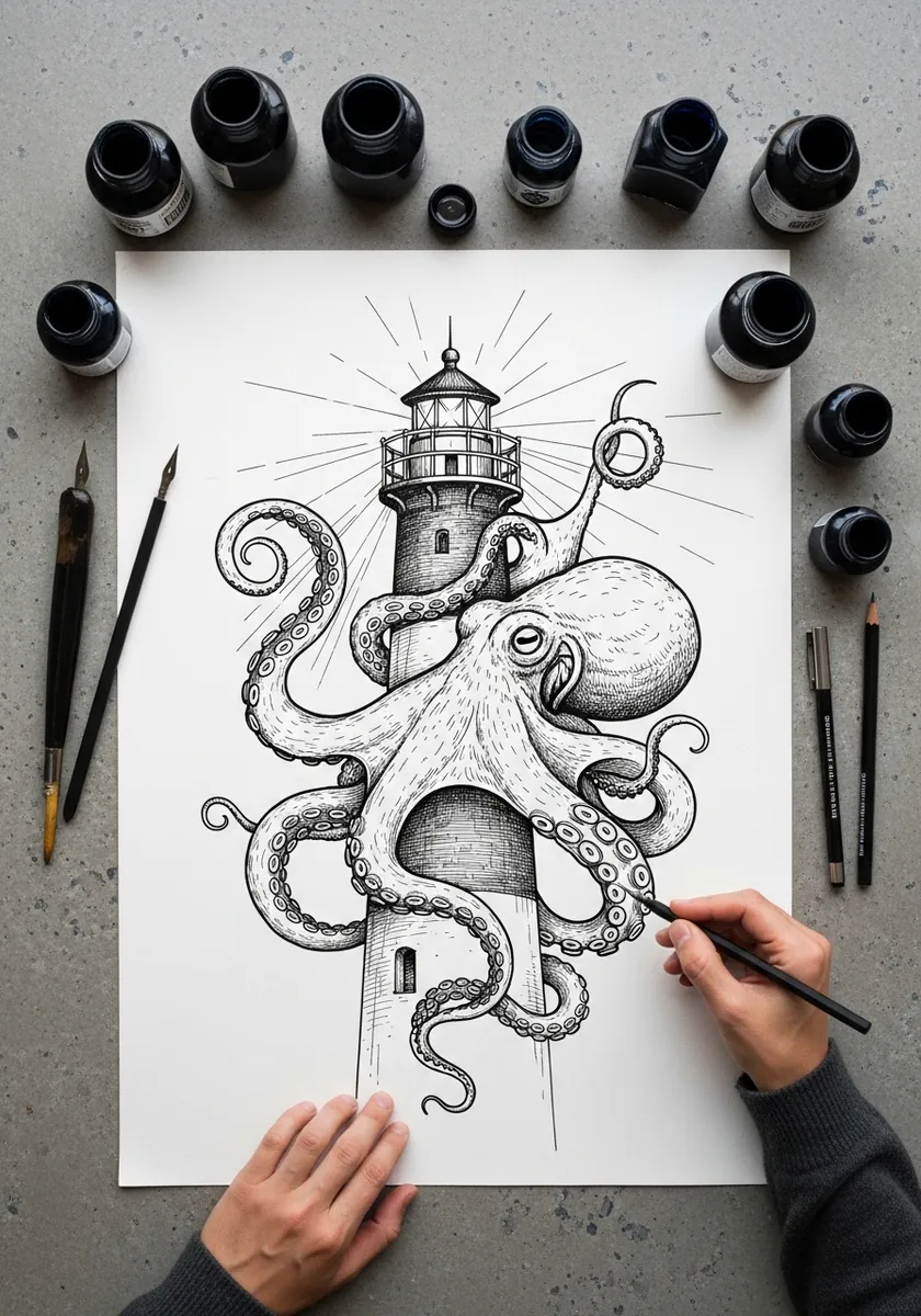 Fine ink octopus with curling tentacles wrapped around a tall lighthouse