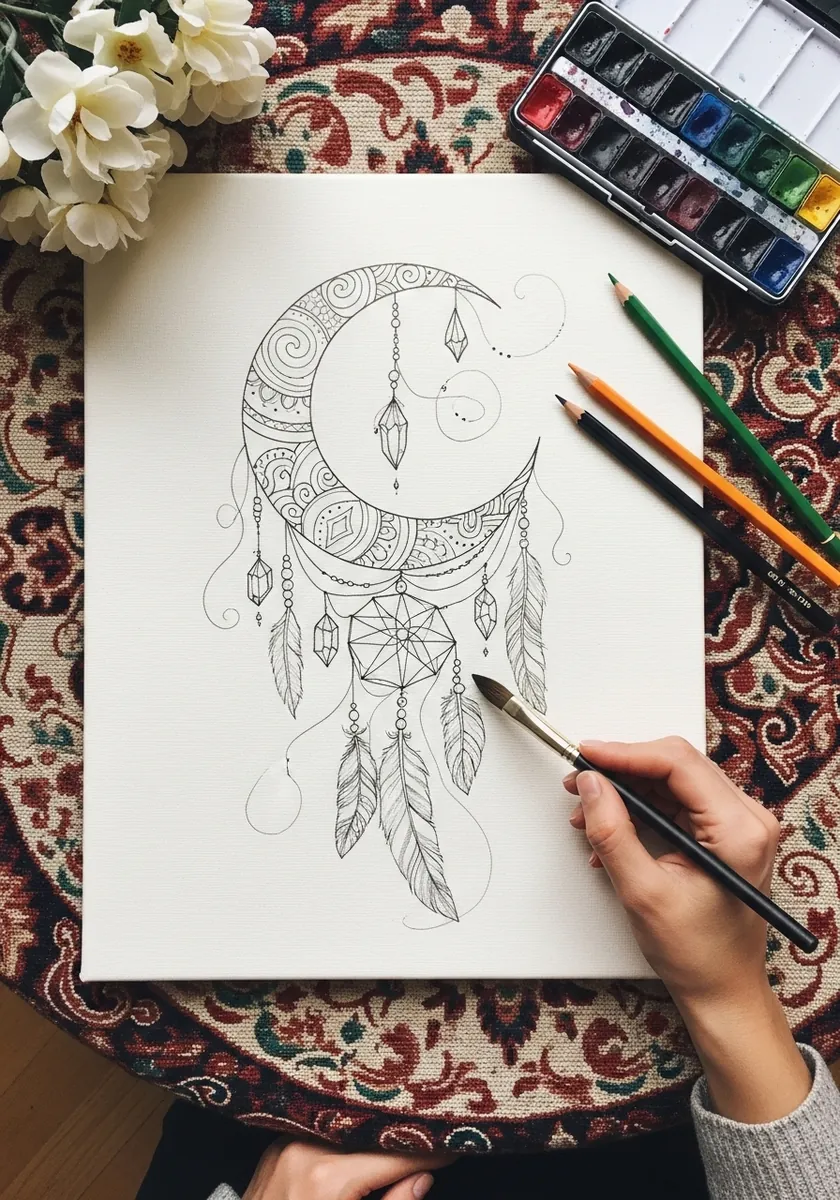 Fine line crescent moon dreamcatcher with hanging feathers and beads