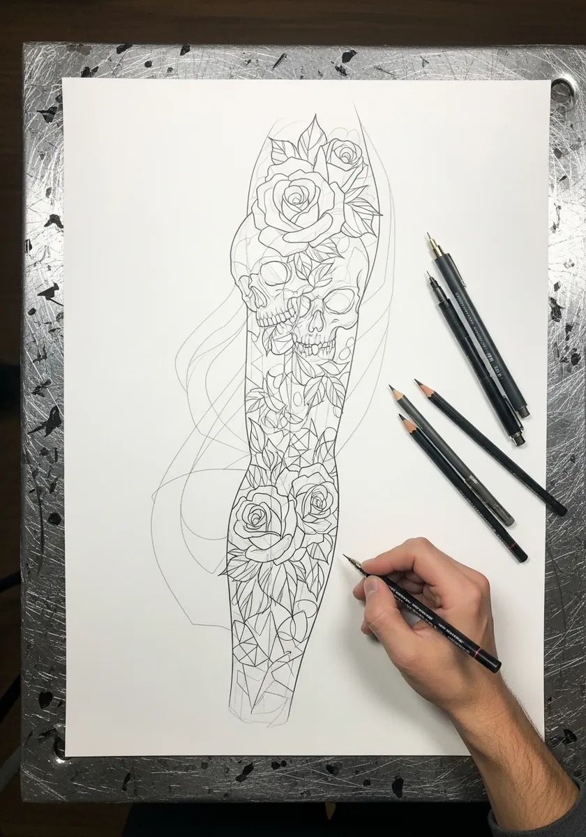 Line art tattoo sleeve design with a skull surrounded by roses and smoke