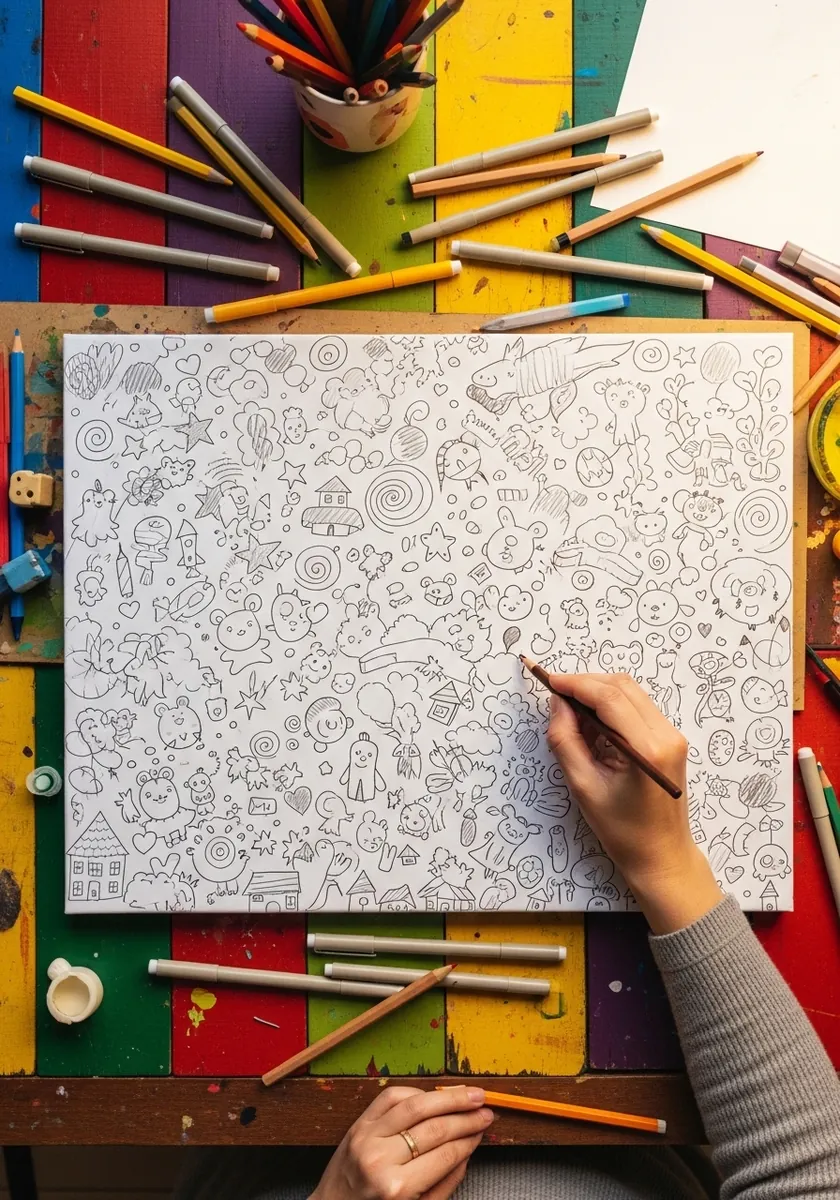 Dense sheet of tiny doodled characters faces and objects in fine line