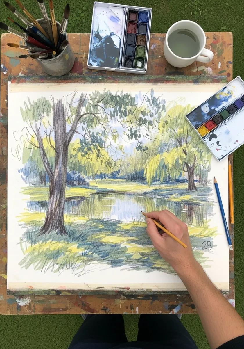 Loose pencil and watercolor sketch of a willow tree beside a still pond