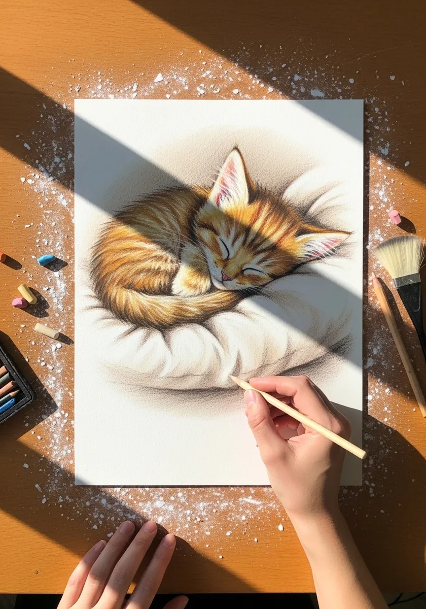 Colored pencil drawing of a ginger kitten sleeping curled on a soft cushion