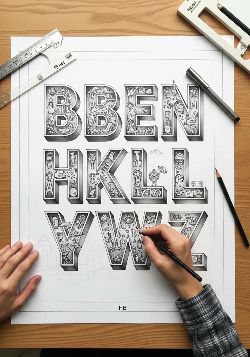 Fine pencil alphabet of block letters filled with tiny detailed drawings