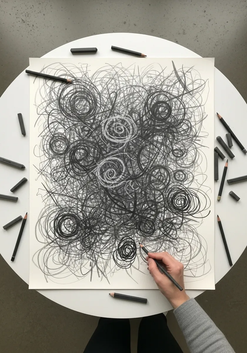 Abstract charcoal drawing of dense overlapping scribbles and spirals