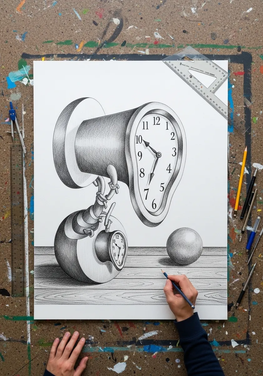 Surreal pencil drawing of melting clocks draped over a cylinder and a sphere