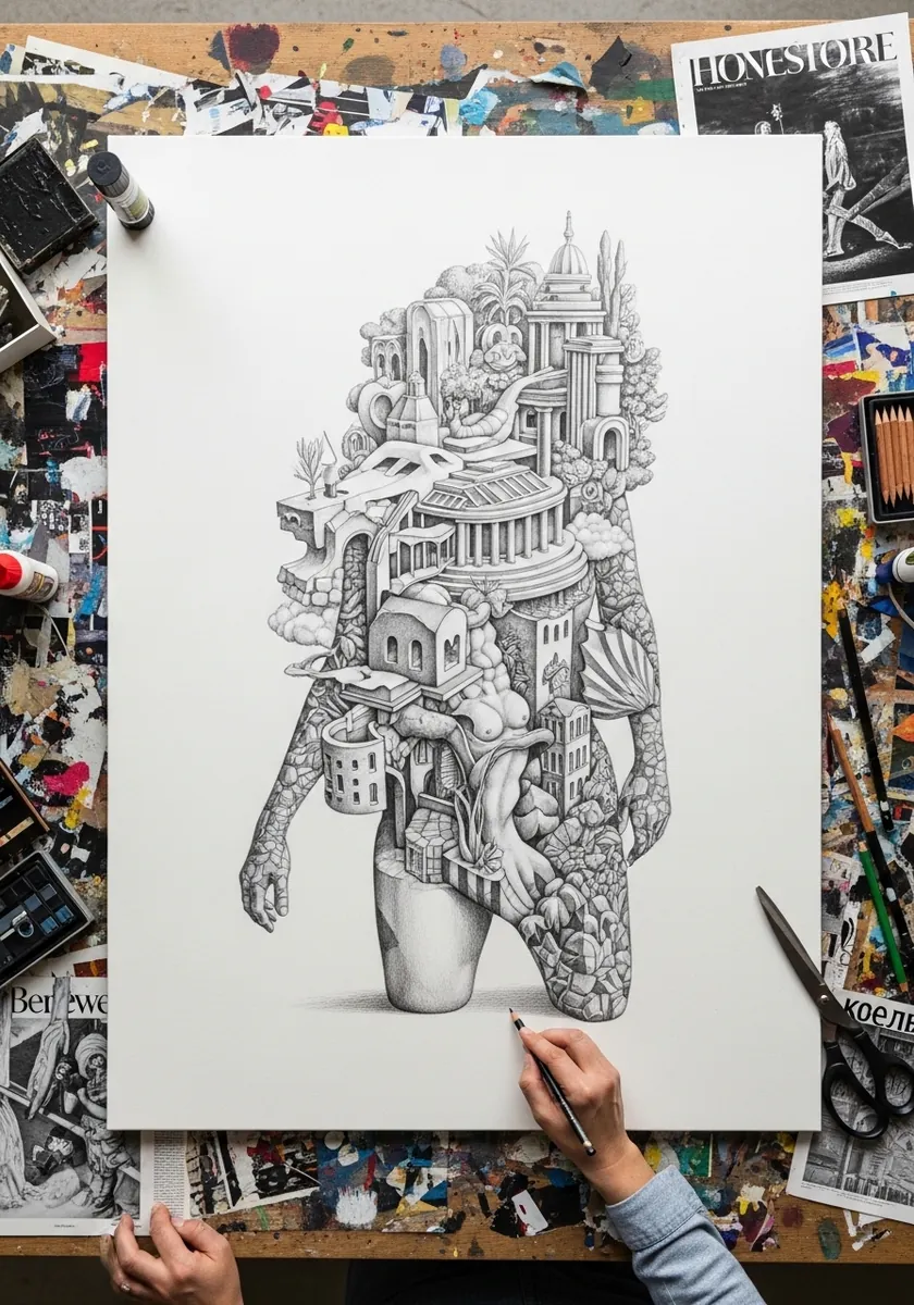 Detailed pencil drawing of a head made of buildings staircases and plants