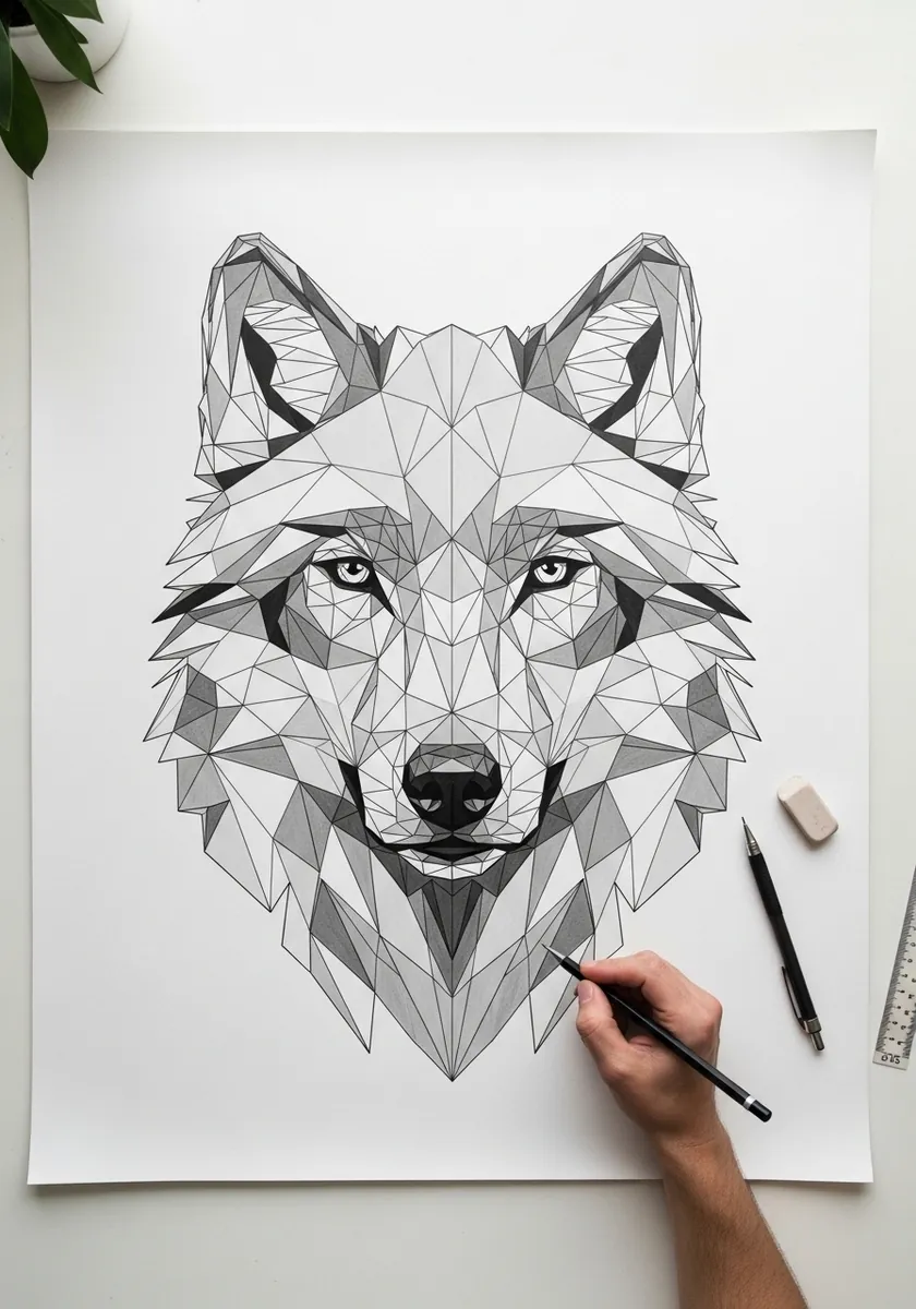 Low poly wolf head built from gray triangular facets in pencil