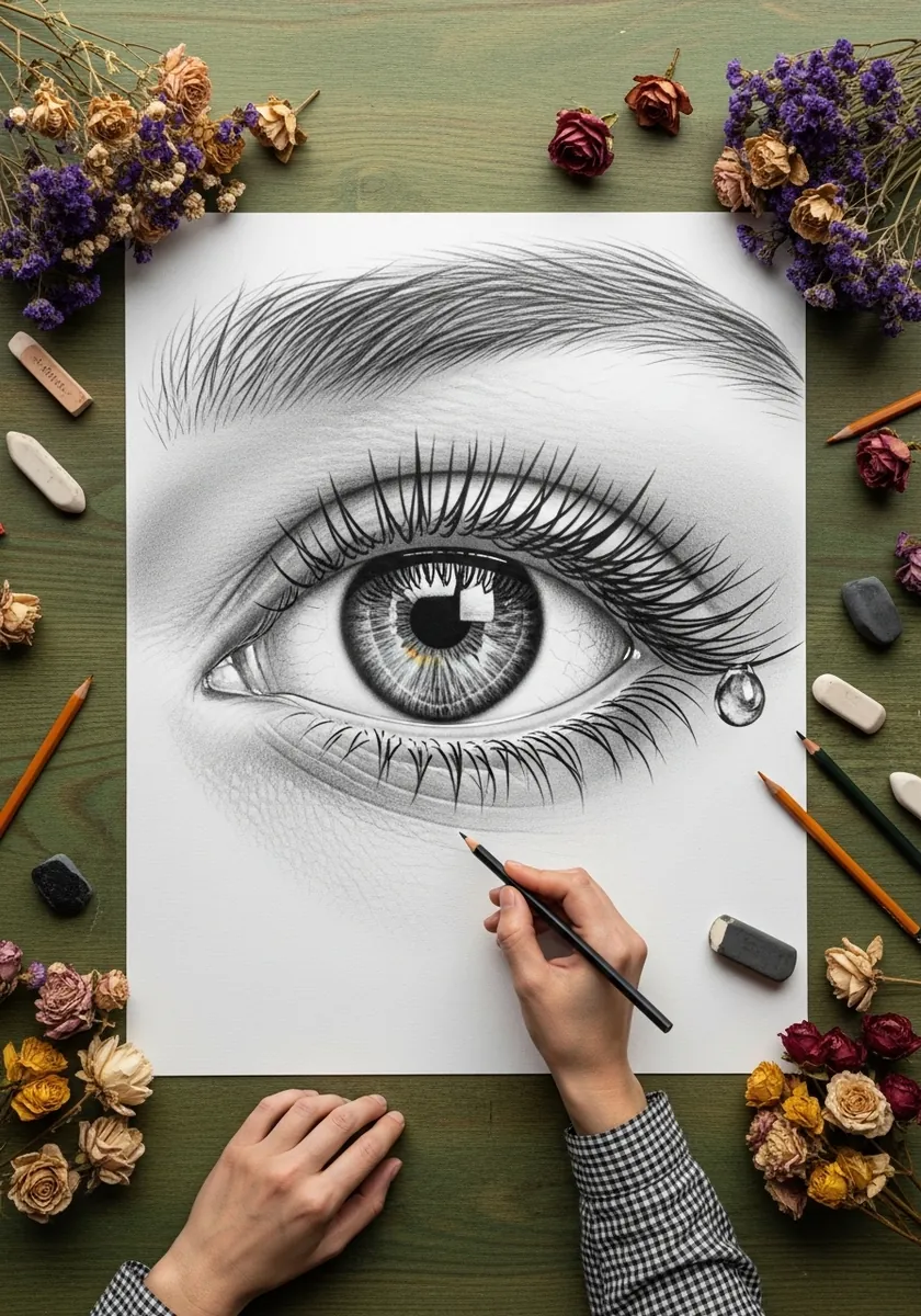 Detailed graphite eye with lashes and a single teardrop on the lower lid