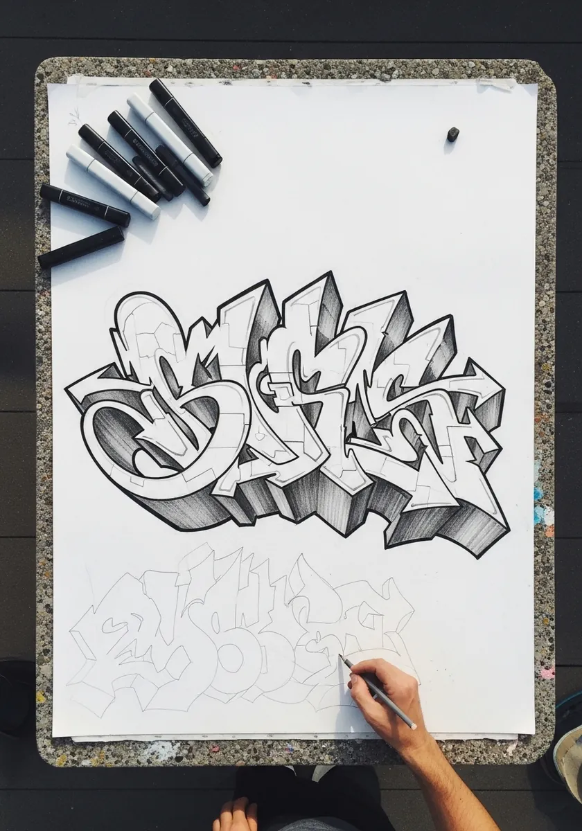 Interlocking graffiti letters in pencil with deep shaded side faces